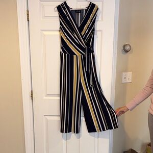 connected apparel Navy, White & Mustard Striped Wrap Jumpsuit